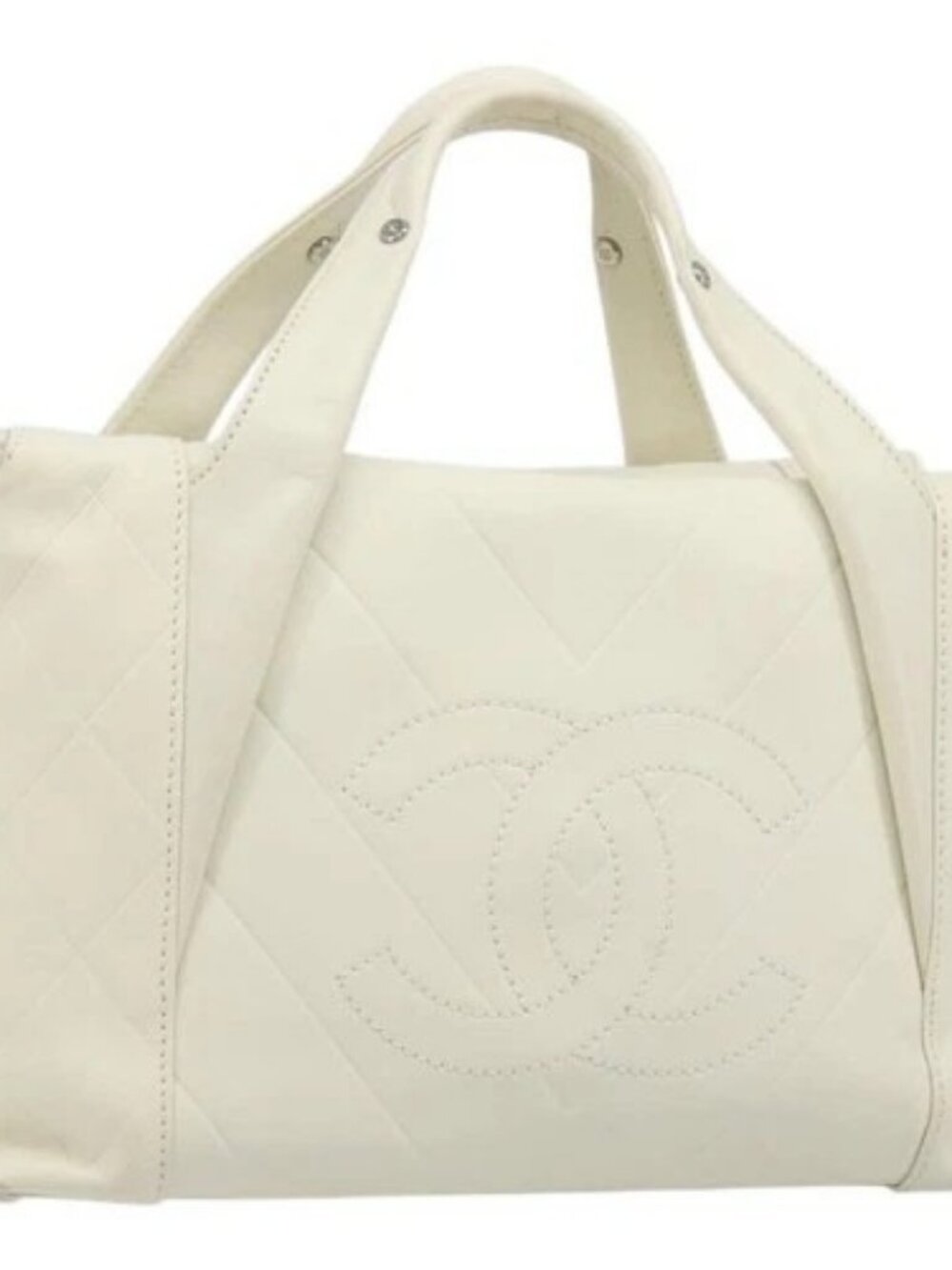CHANEL V Stitch Hand Bag Lamb Skin White Silver CC Auth BA13606V
